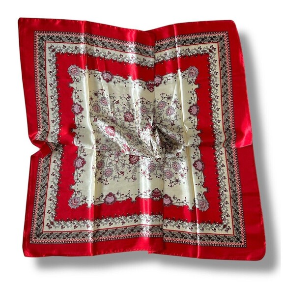 Red & Beige Square Scarf 35" x 35" Women Headscarf Unisex Flower Style - Picture 2 of 2